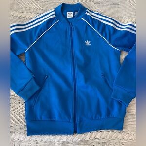 Adidas originals three stripe bright blue, and white zip up track suit sweater